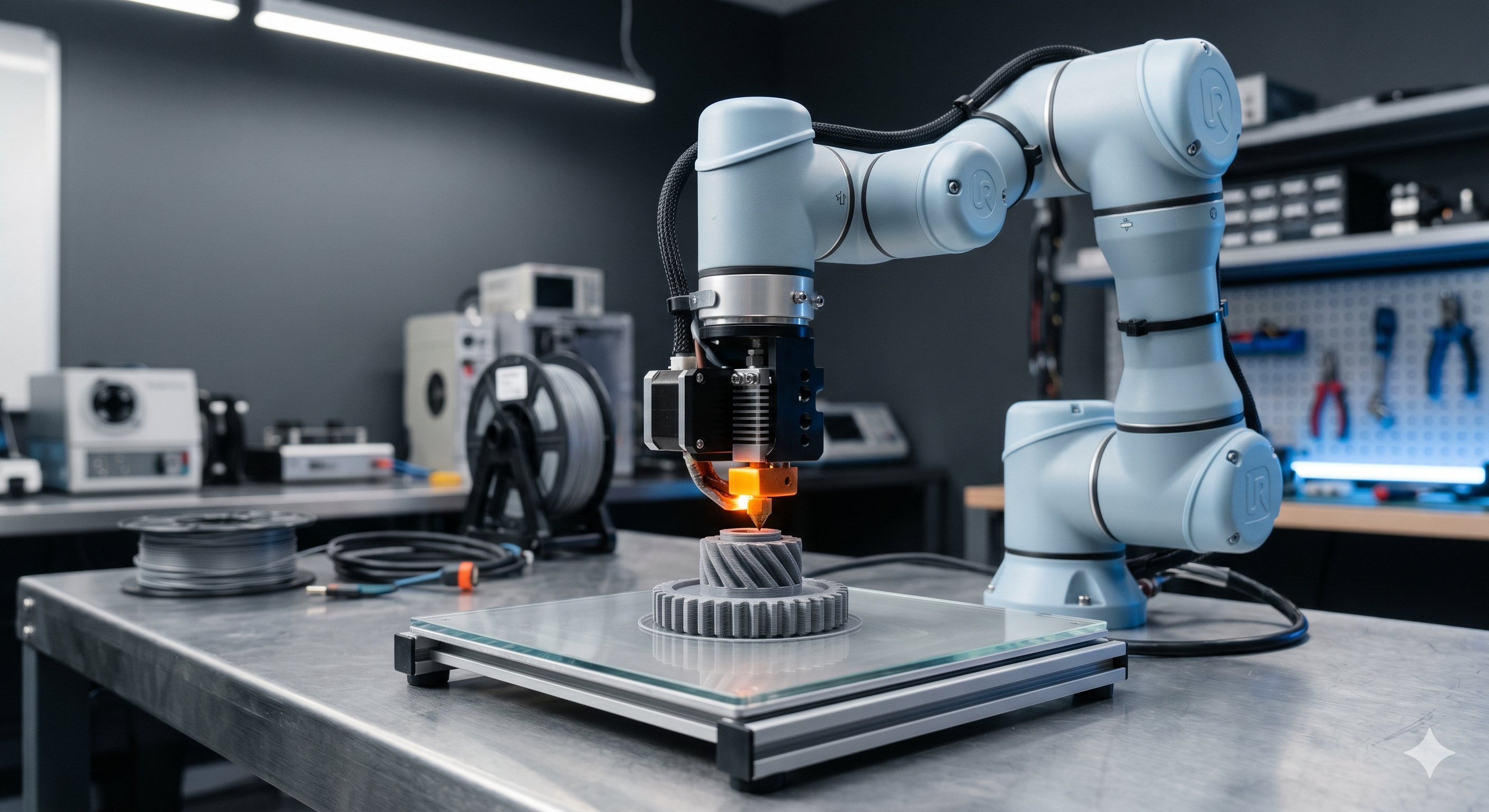 Braço robótico Nolum imprimindo uma engrenagem no laboratório