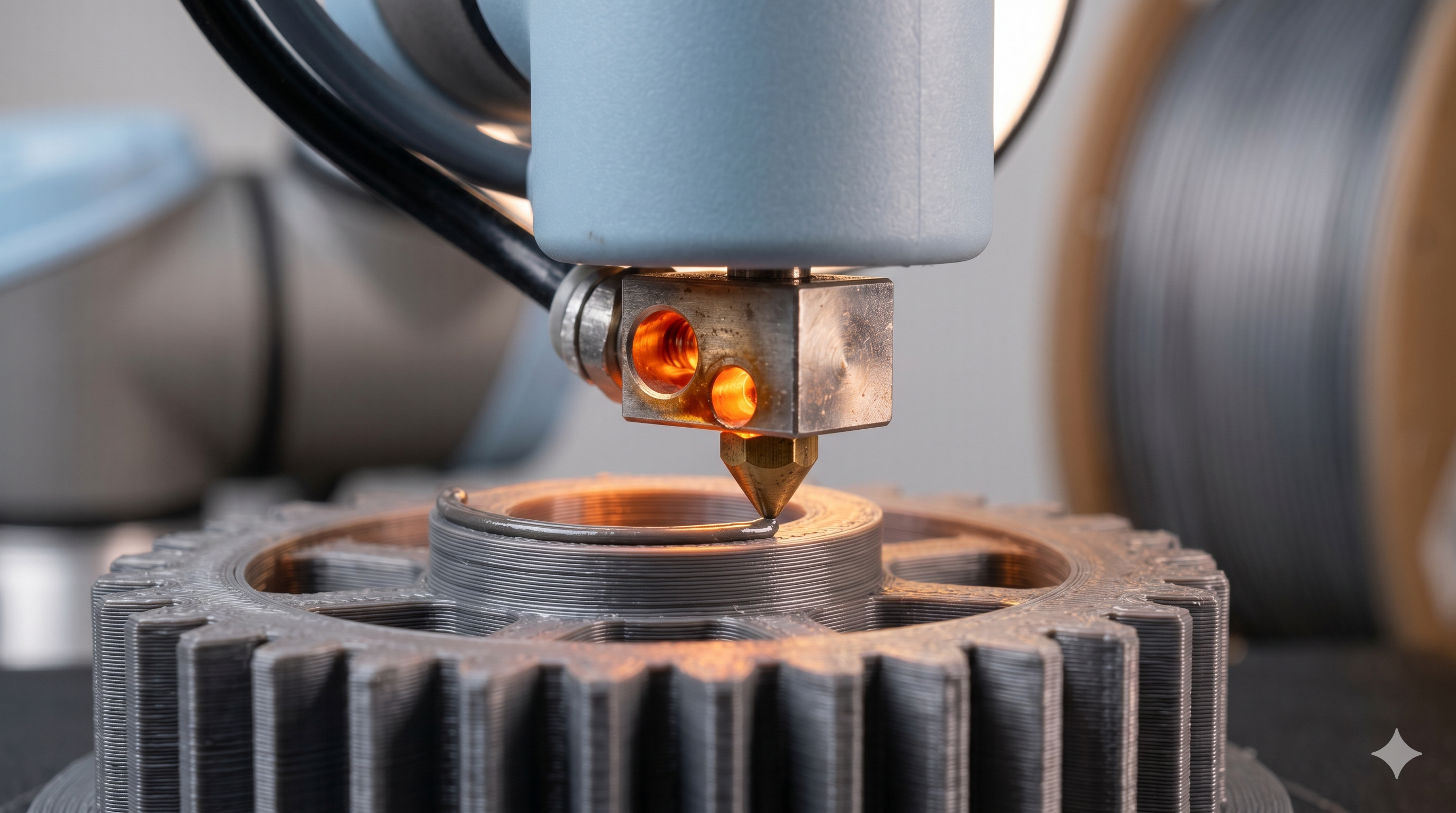 Close do bico extrusor depositando material fundido camada a camada